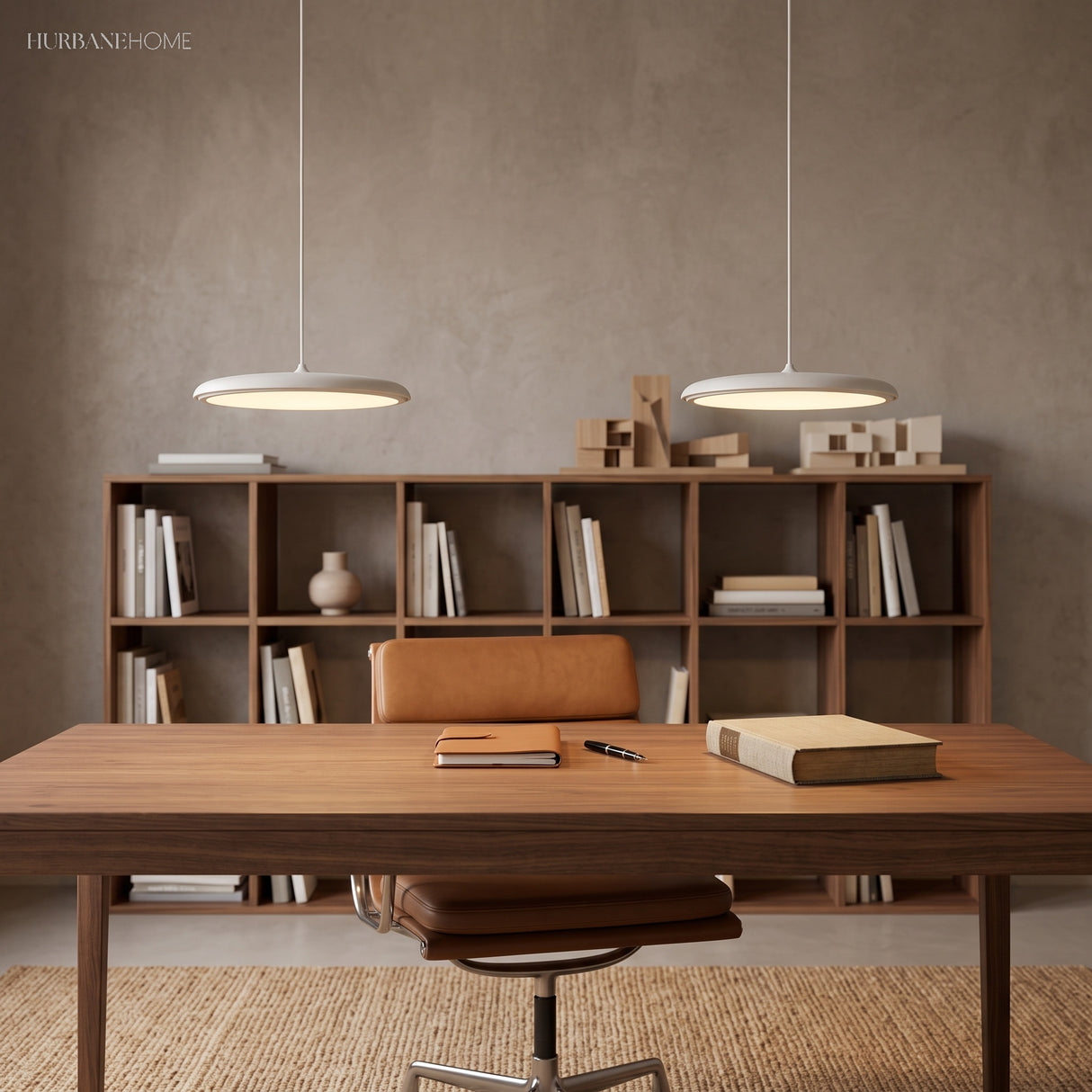 Pair of white pendant lights hanging above a walnut desk and open bookshelf