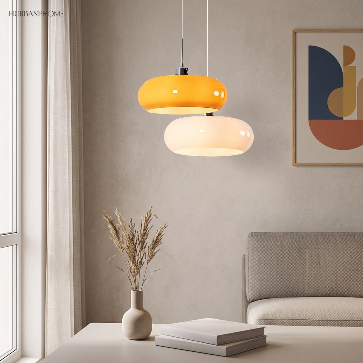 Orange and white glass pendant shades hung at two heights in a living room