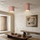 Two soft pink cylindrical ceiling lights above a rustic wooden bench and artwork