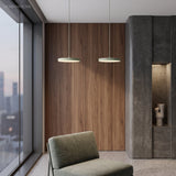 Two sage green disc pendants suspended against a warm walnut panelled wall