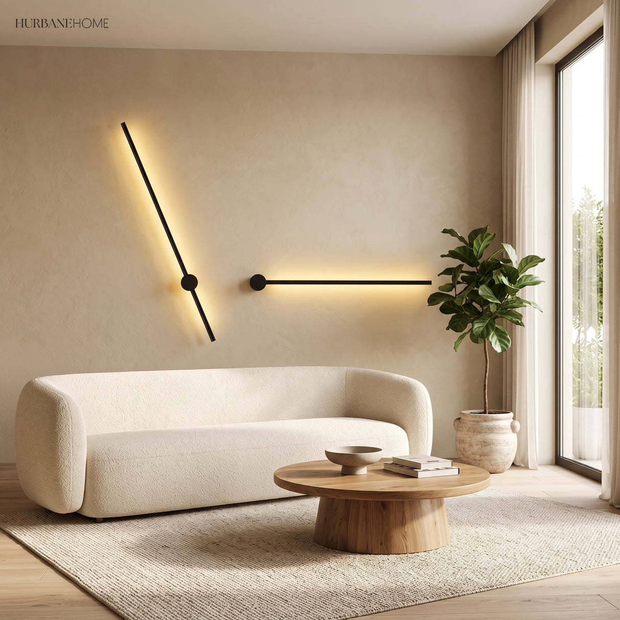 Two angled black LED wall lamps on a beige wall above a cream sofa