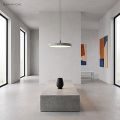 Single grey disc pendant lighting a bright minimalist gallery style interior