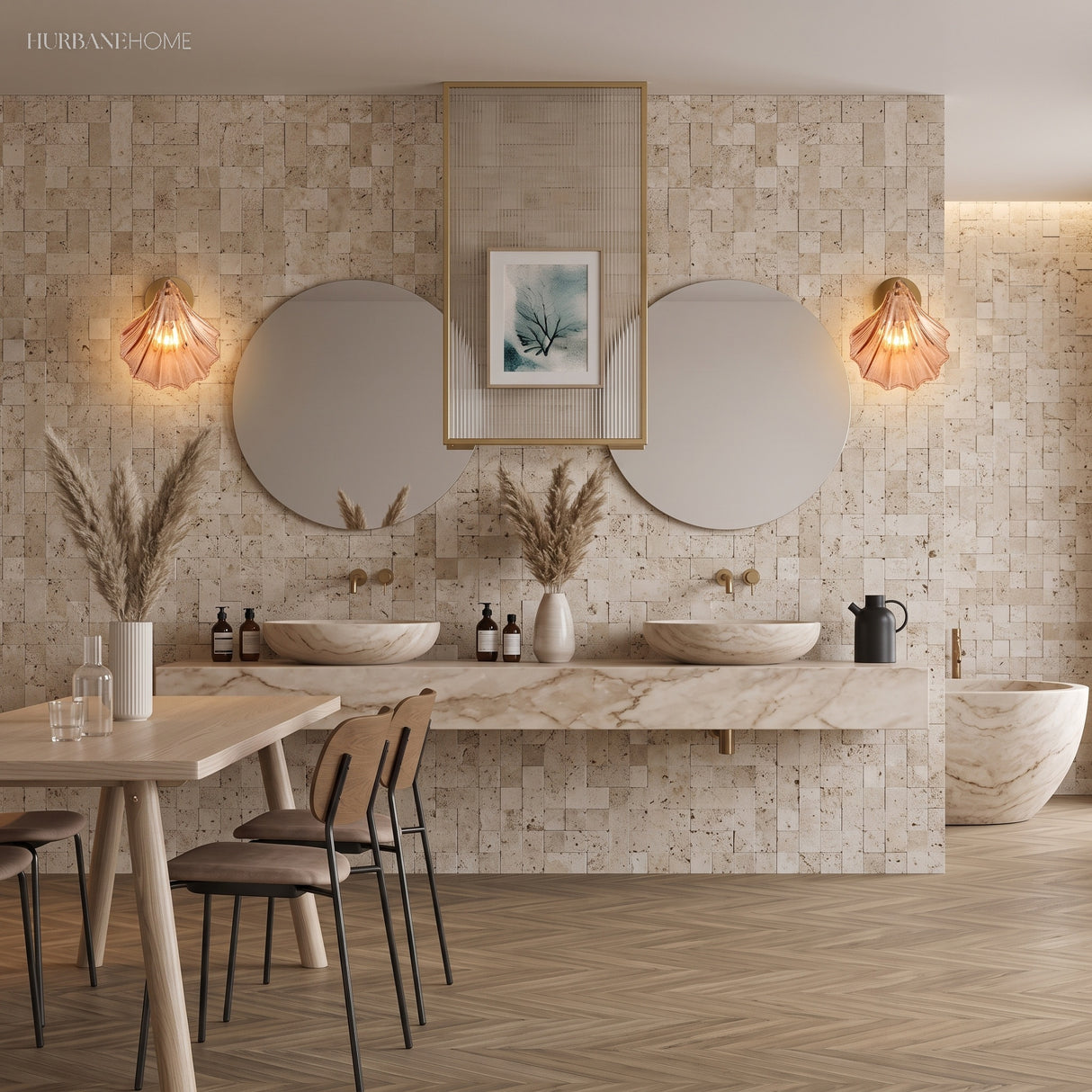 Pair of amber shell sconces lighting a stone tiled double vanity with round mirrors