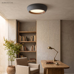 Brown toned flush mount ceiling light above a wooden study with brass task lamp