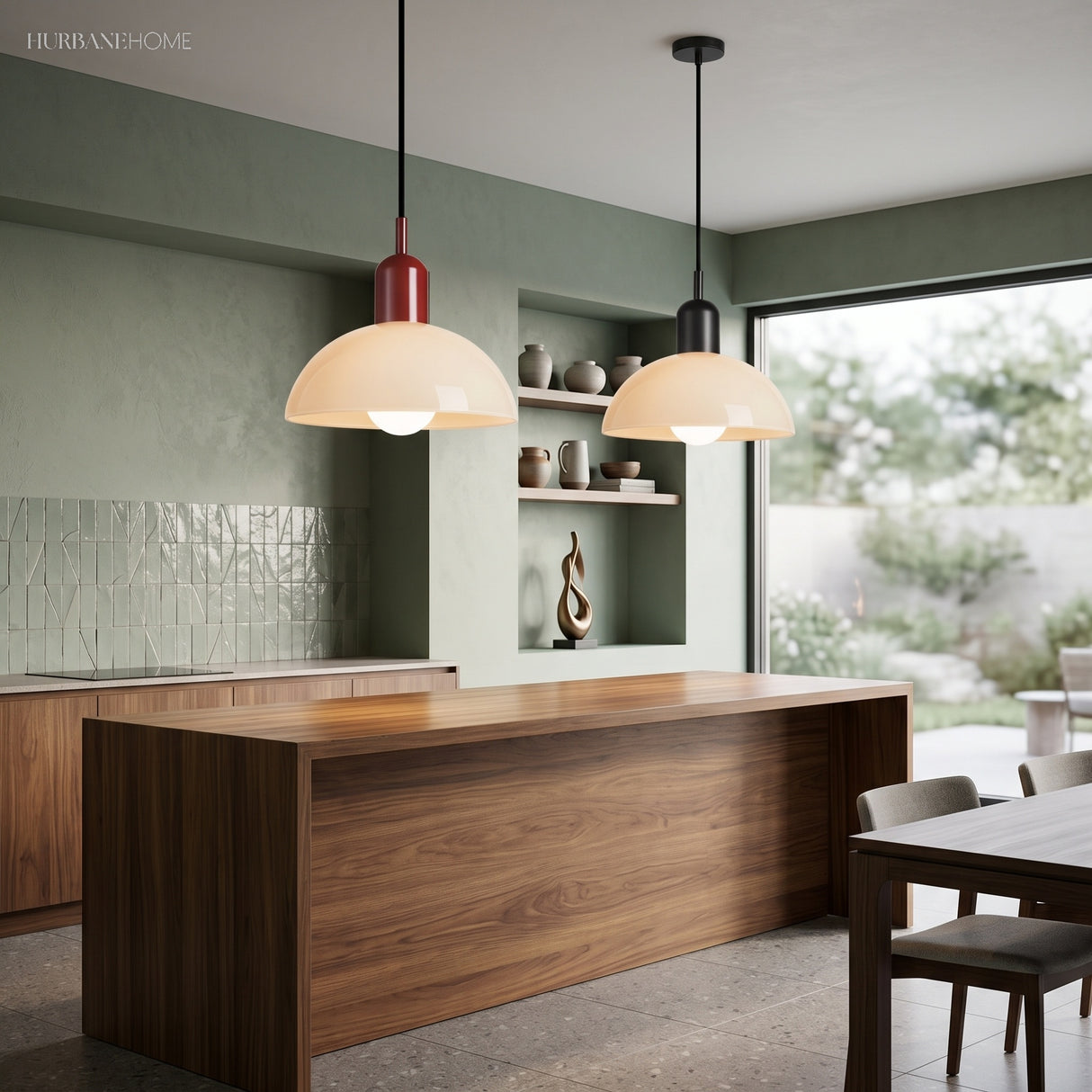 Colorful glass bowl pendant light styled in a bright modern living space