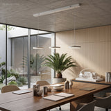 Three slim pendant discs above a walnut dining table beside a courtyard window