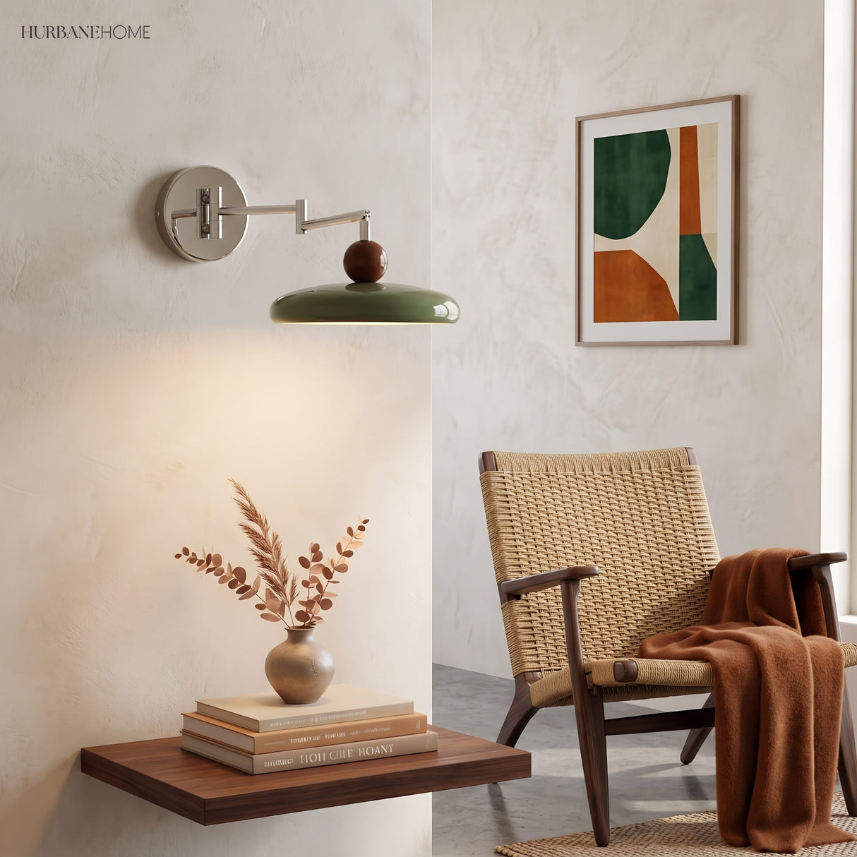 Modern swing arm sconce styled in a bright reading corner setting
