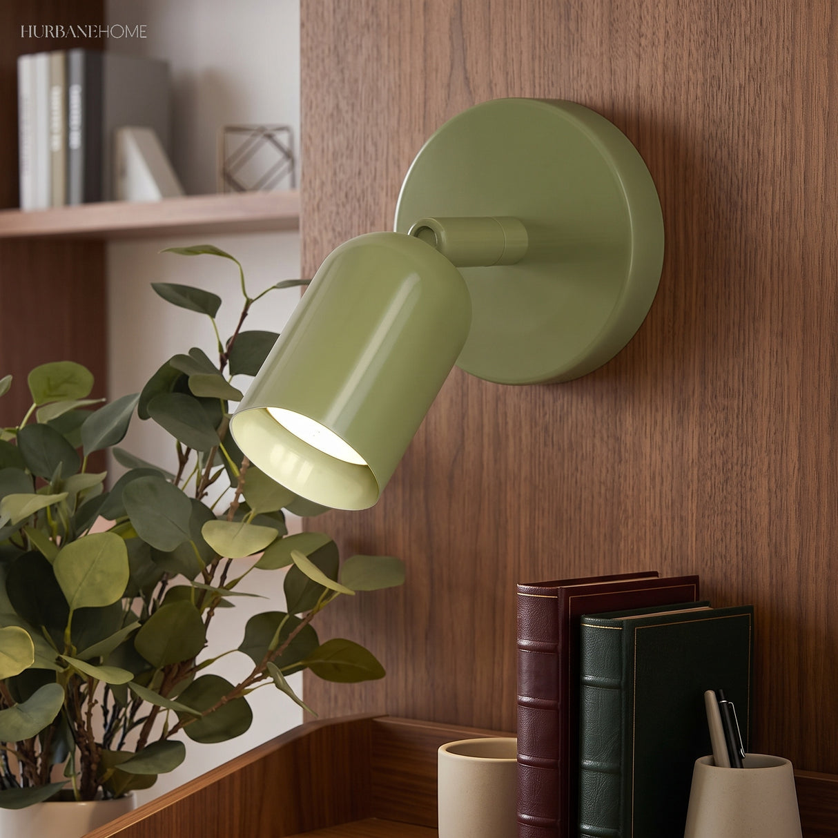 Angled view of the wall sconce beam highlighting art beside a shelf display