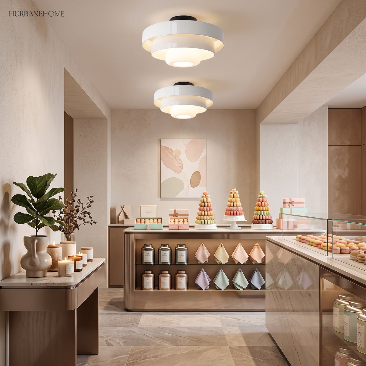 Green tiered ceiling light casting soft light in a neutral interior