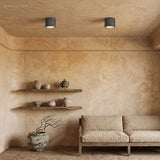 Two charcoal cylinder ceiling lights on a warm plaster ceiling above a linen sofa