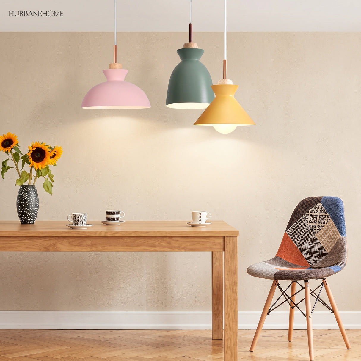 Cluster of Scandinavian pendant lights lighting a cosy dining and living space