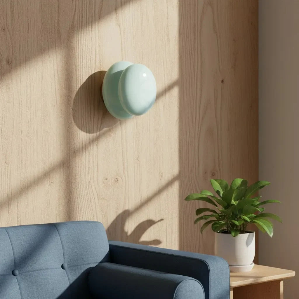 Light blue glass wall sconce mounted on a natural timber panel wall