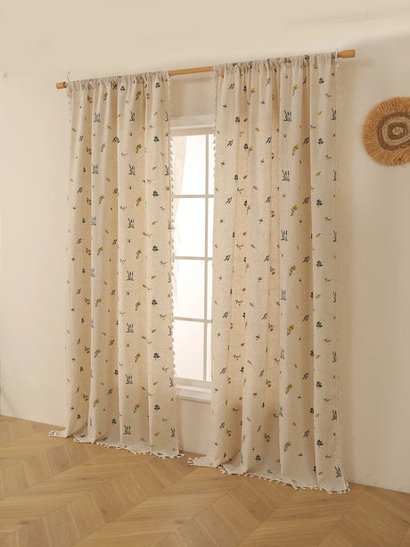 Light filtering sheer curtains with embroidered fringe on beige linen panel
