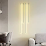 Linear tube pendant light detail showing slim black body