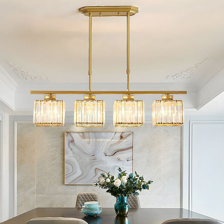 Four faceted glass shades on a gold bar in a panelled dining room