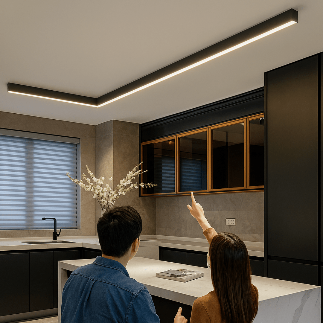 White linear LED ceiling light glowing softly on a modern ceiling