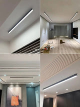 Linear LED ceiling fixture lit above a neutral toned living area