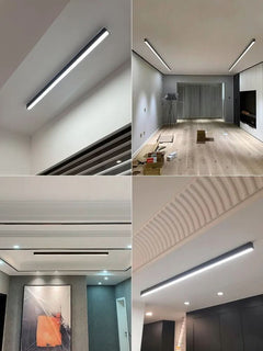 Linear LED ceiling fixture lit above a neutral toned living area