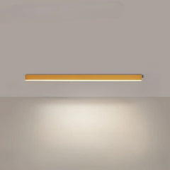 Modern linear LED ceiling fixture lit above a neutral living room