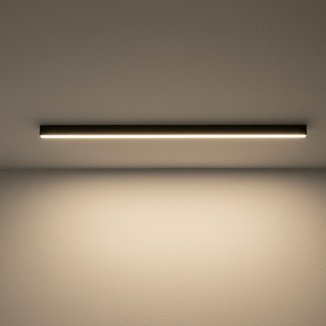 Black linear LED ceiling bar shown lit against a plain white ceiling