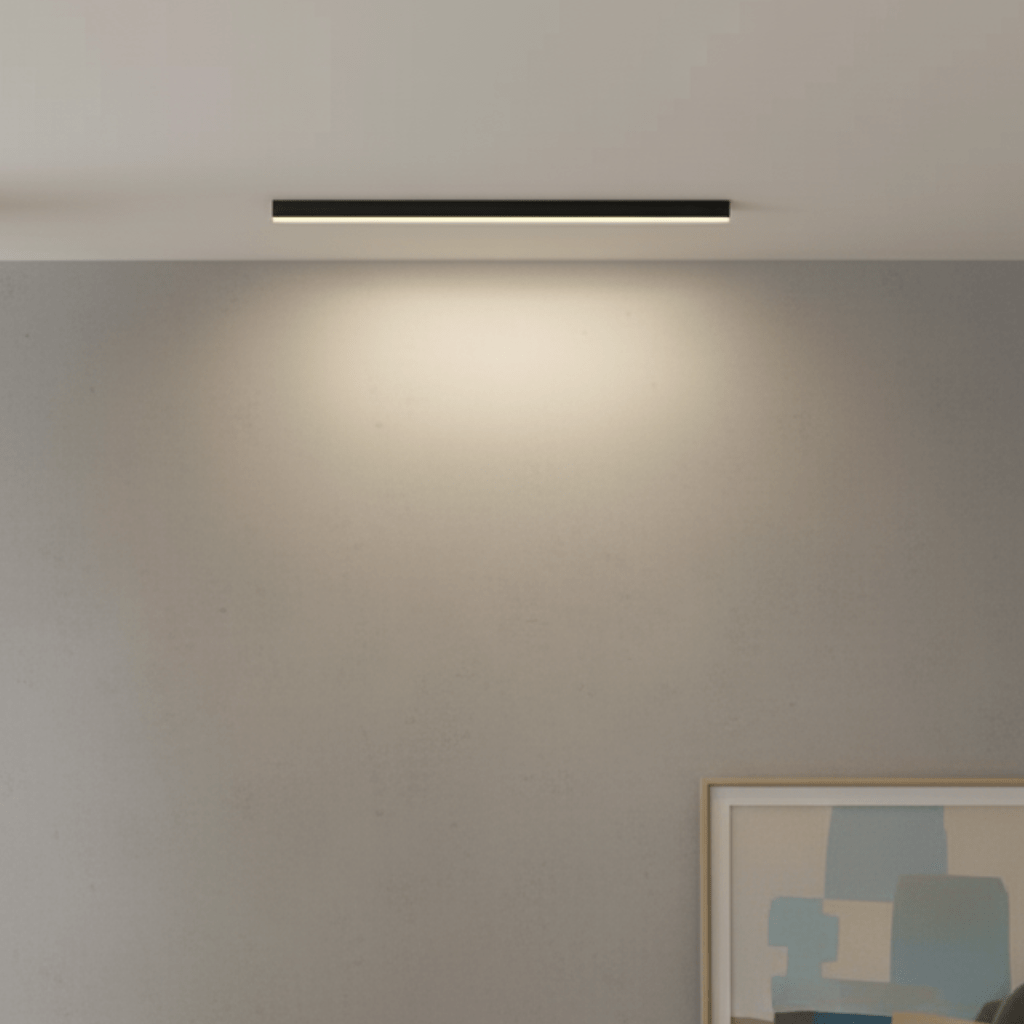 Close view of the slim aluminum linear LED fixture with glowing diffuser
