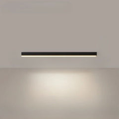 Warm white linear LED ceiling light glowing in a calm bedroom setting