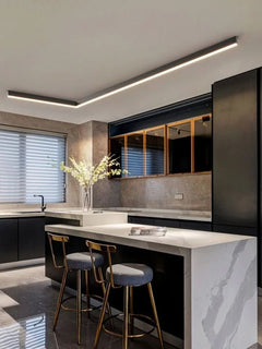 Black linear LED ceiling light angled to show its low profile shape