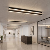Black linear LED ceiling light glowing above a bright modern office reception hall