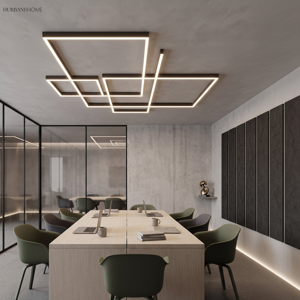 Rectangular frame of linear LED light over a light wood conference table