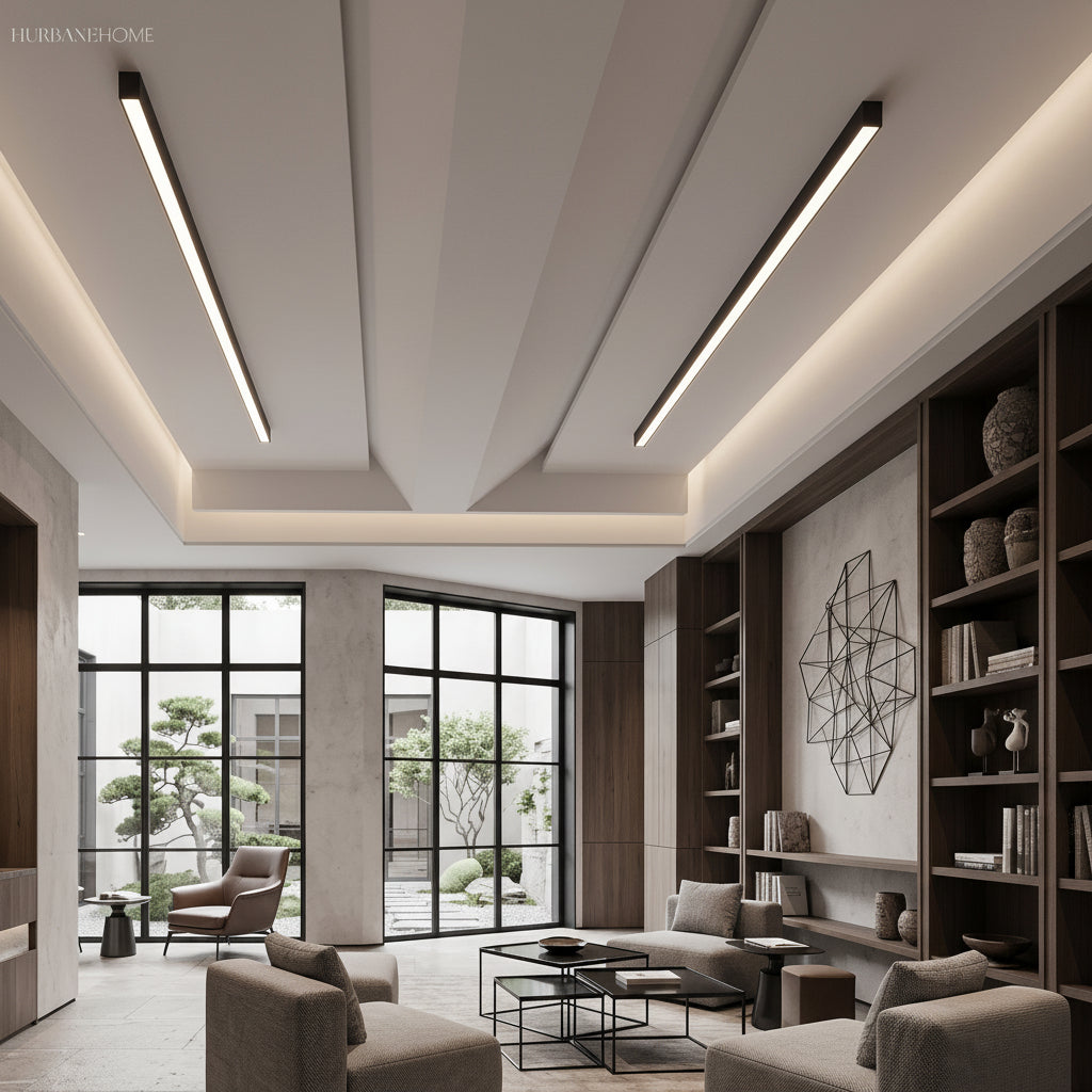 Slim black LED ceiling bars on a slanted ceiling in a neutral living room