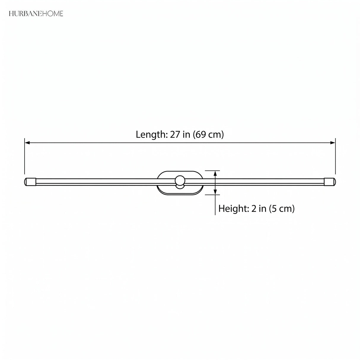Diagram showing linear sconce length 27 inches and height 2 inches