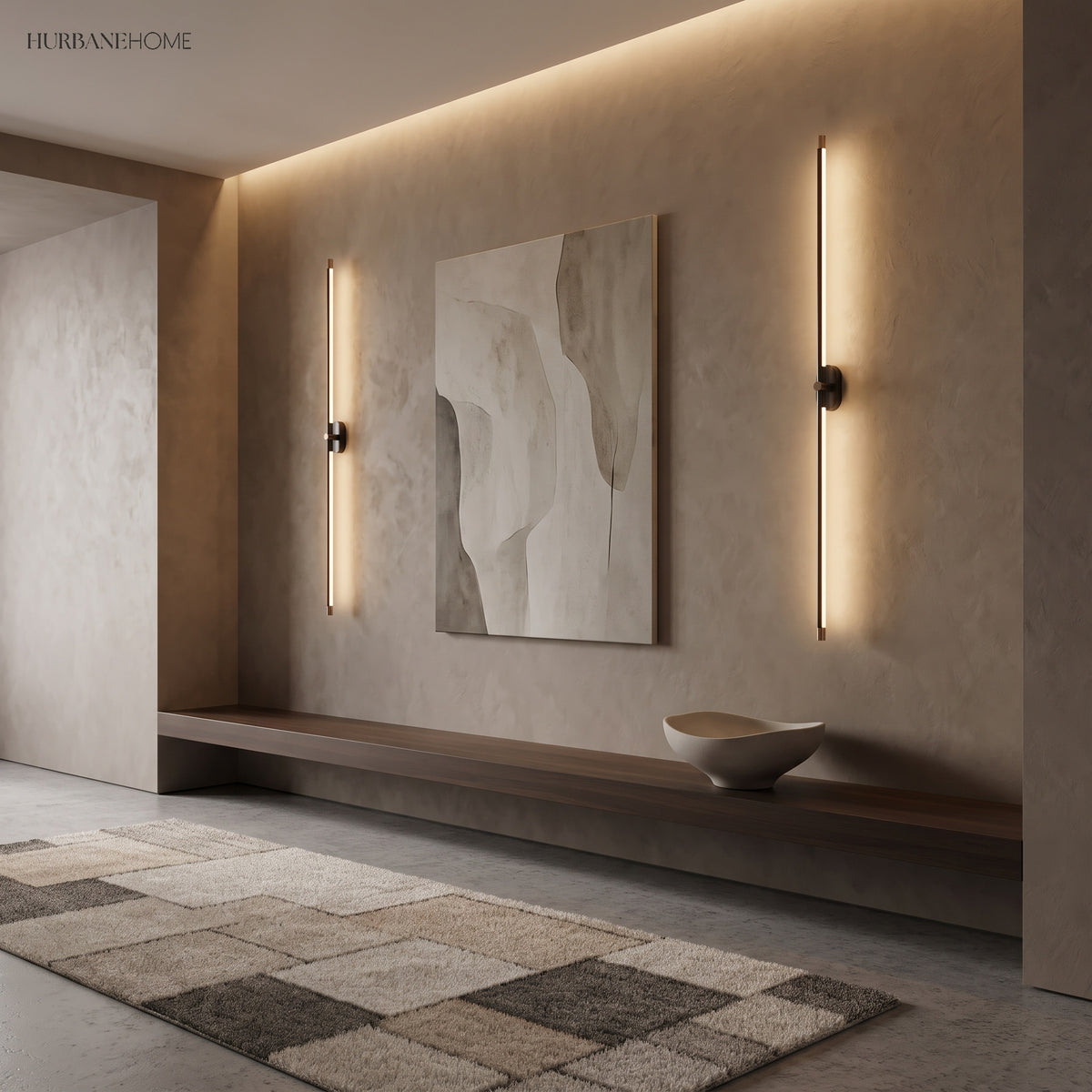 Two linear LED sconces mounted vertically either side of framed art