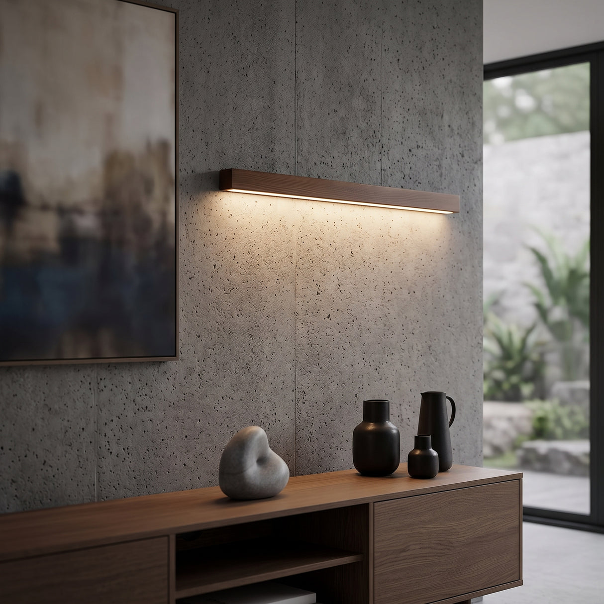 Walnut linear wall light lit above a timber vanity and framed bathroom mirror
