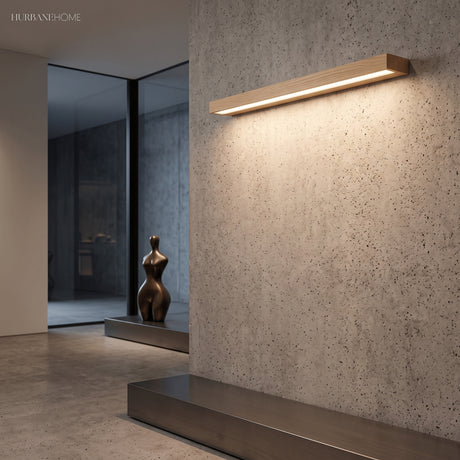 Linear LED wood wall sconce in pine alternative angle view 1