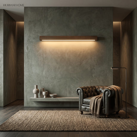 Linear LED wood wall sconce in pine close detail view 2