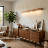 Linear LED wood wall sconce in pine alternative angle view 13
