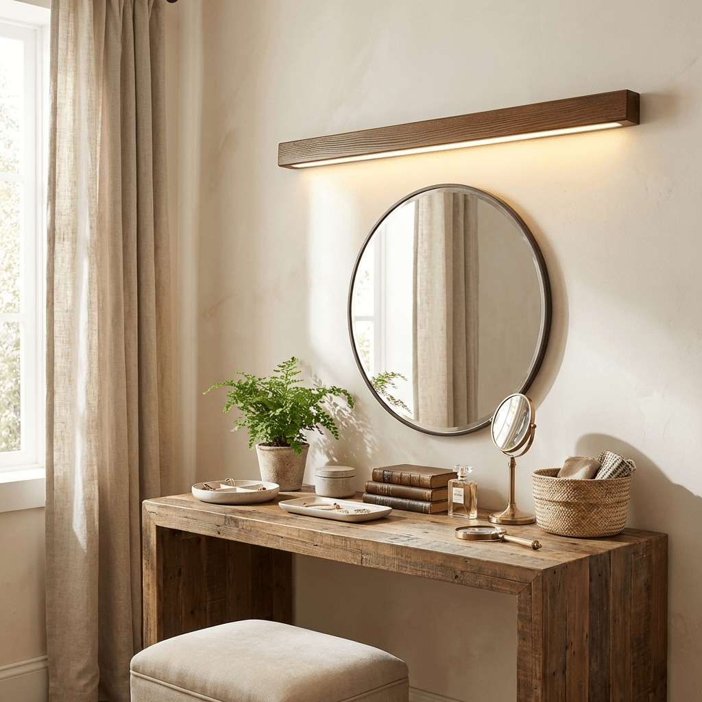 Linear LED wood wall sconce in pine close detail view 14