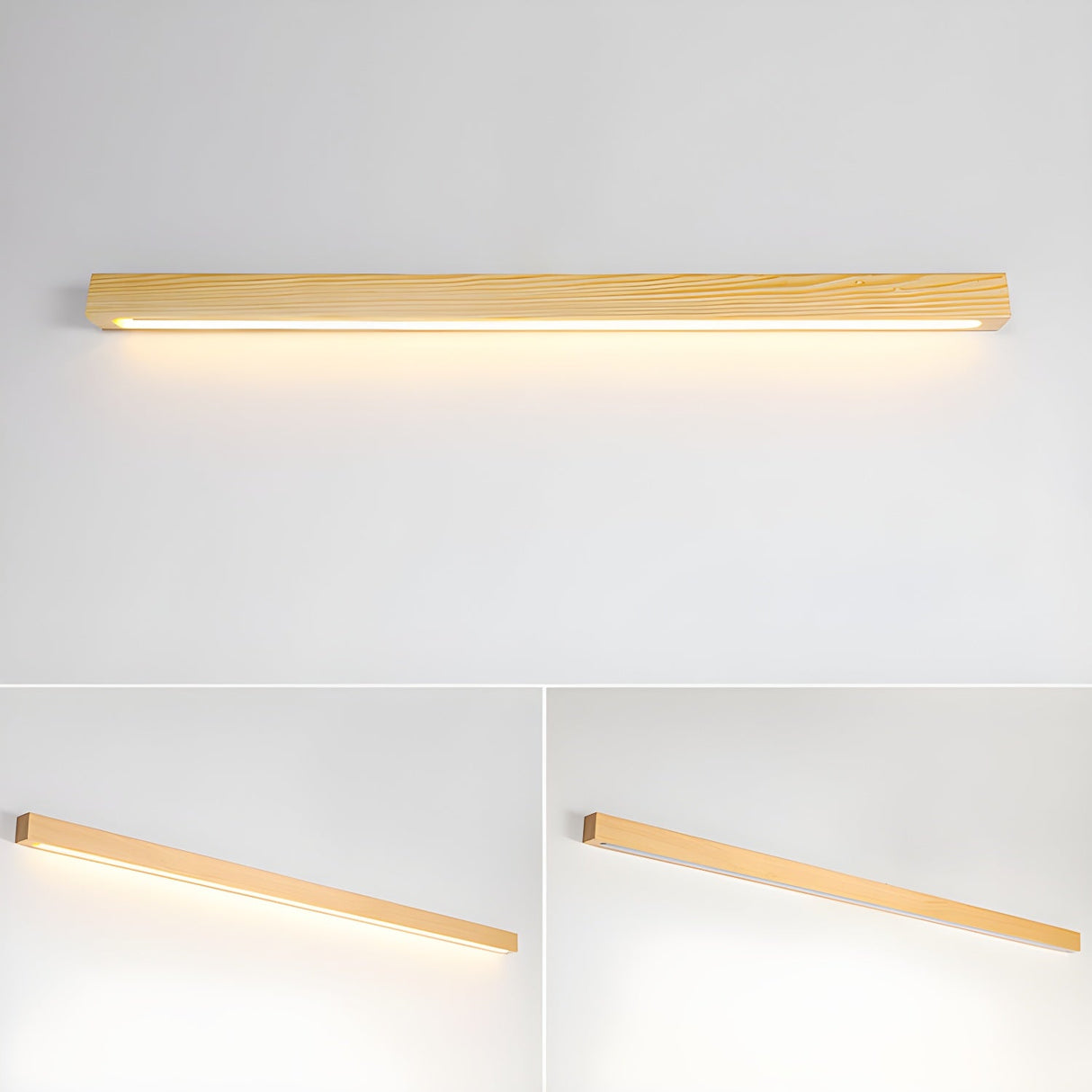 Linear LED wood wall sconce in pine close detail view 38