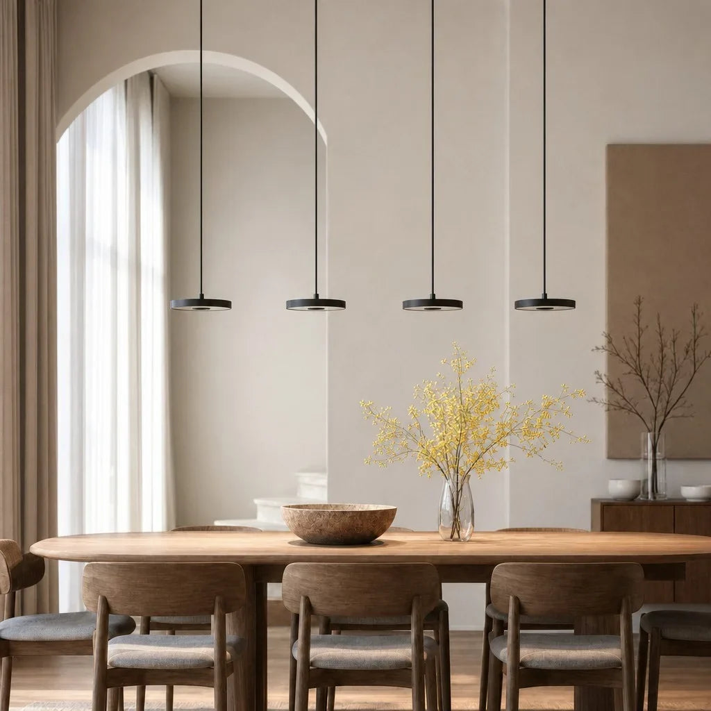 Beige white disc pendant with slim profile and integrated LED ring