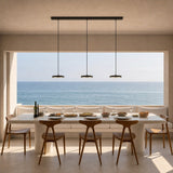 Black linear pendant bar with four evenly spaced hanging disc lights
