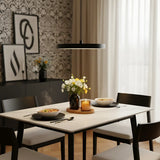 Black disc pendant lit warmly to show its even glare free output