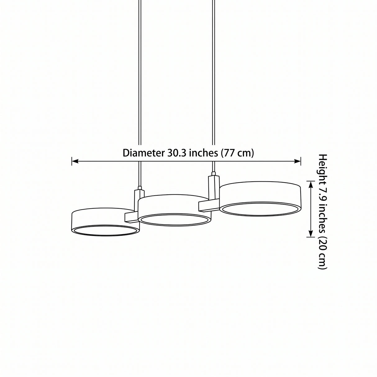 Line drawing showing 30.3 inch diameter and 7.9 inch height for the pendant