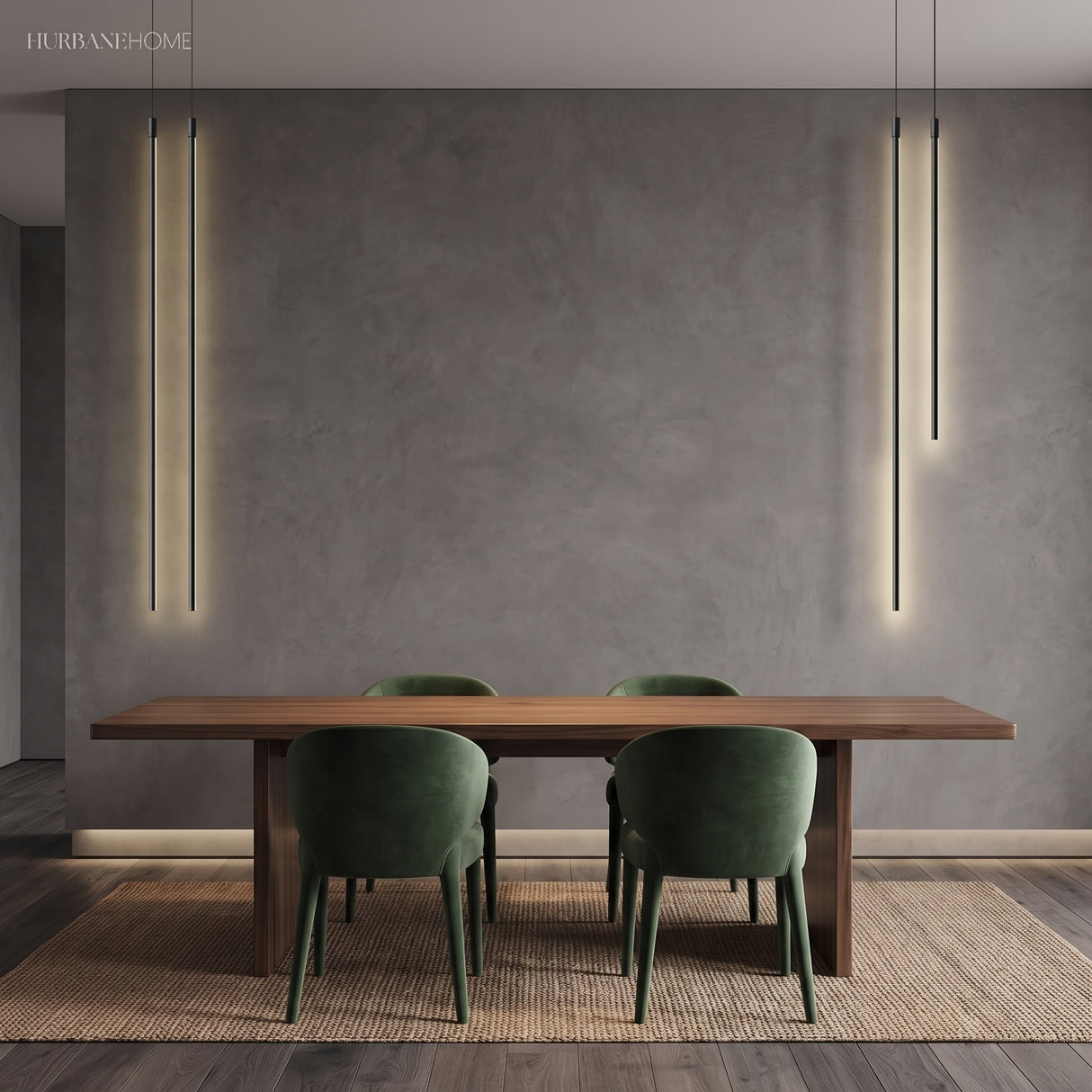 Black linear pendant lights flanking a grey wall over a wood dining table