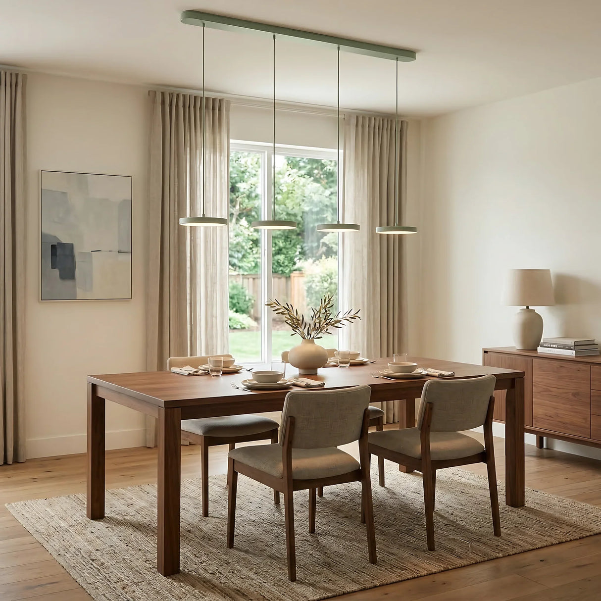 Single disc pendant shown from below revealing the round LED panel