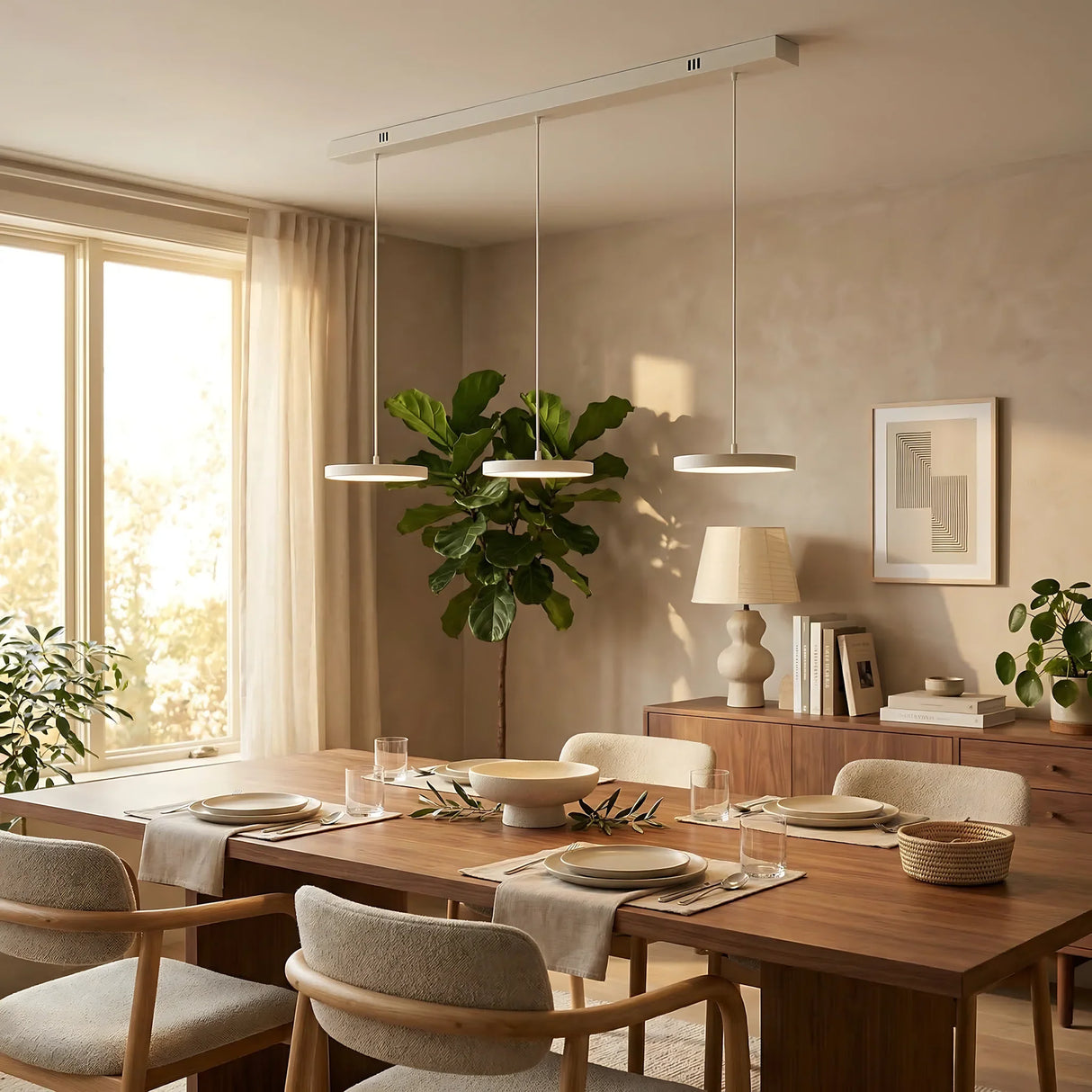 Linear pendant light installed low over a long minimalist dining table