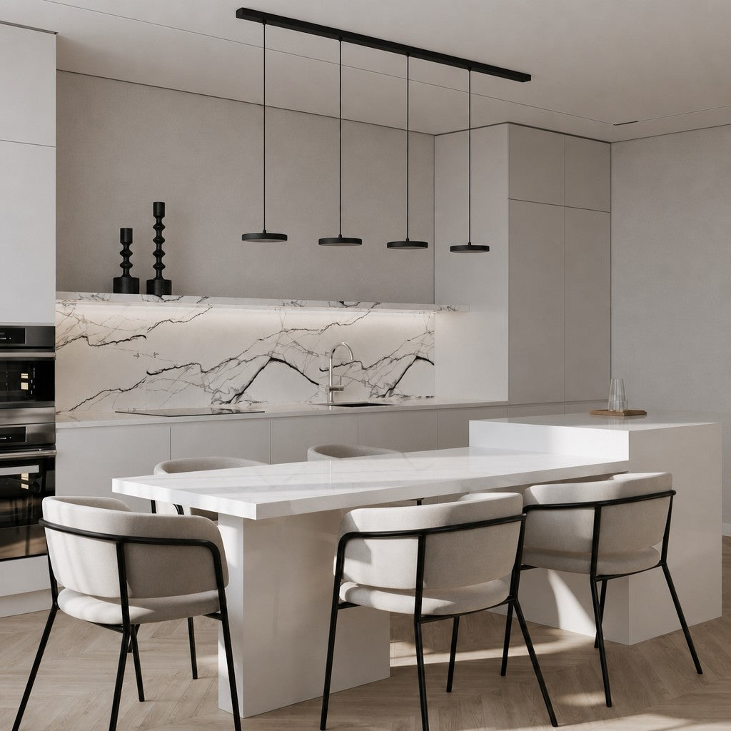 White disc pendant light shown against a plain neutral studio background