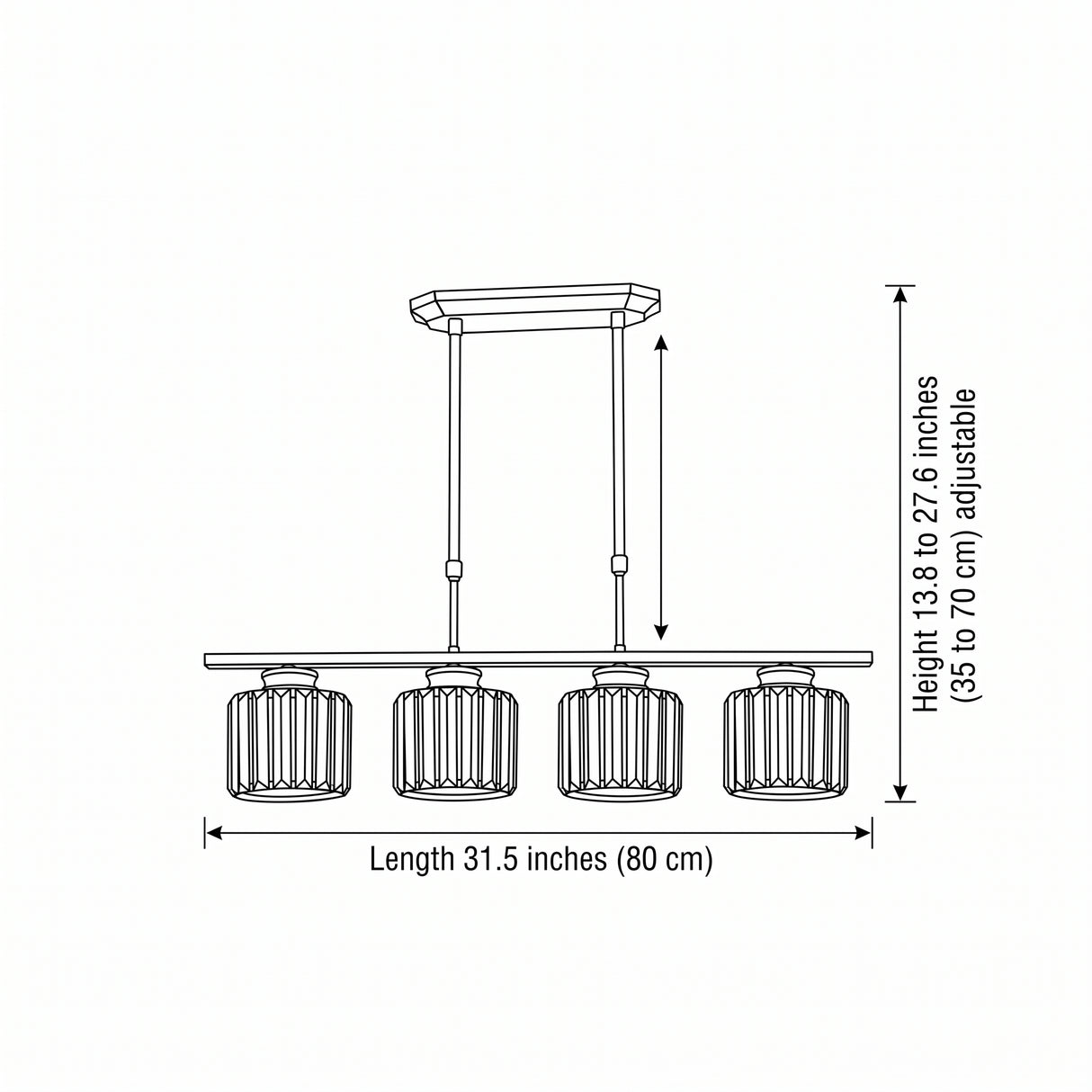 Minimalist Metal and Glass Pendant Chandelier - size and dimensions illustration