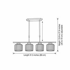 Minimalist Metal and Glass Pendant Chandelier - size and dimensions illustration