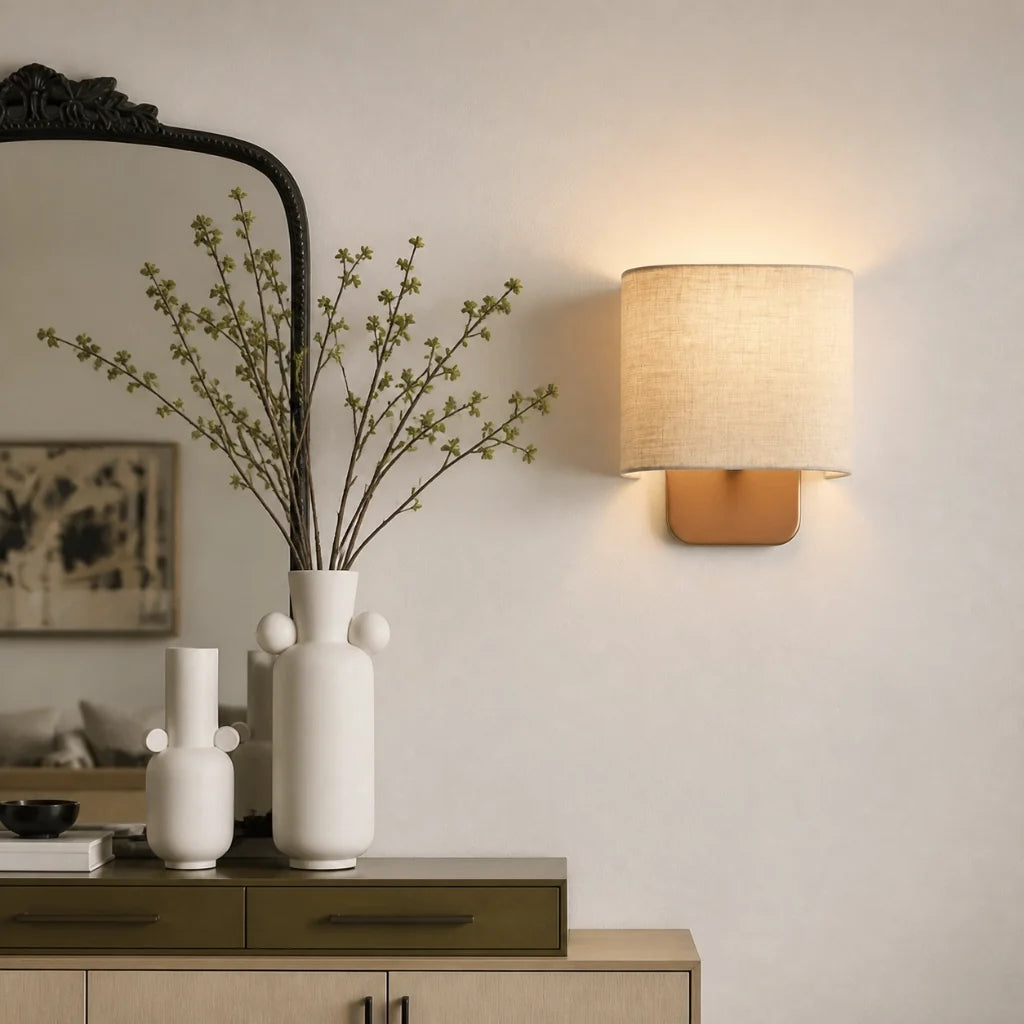 Modern linen shade wall sconce close detail view 2