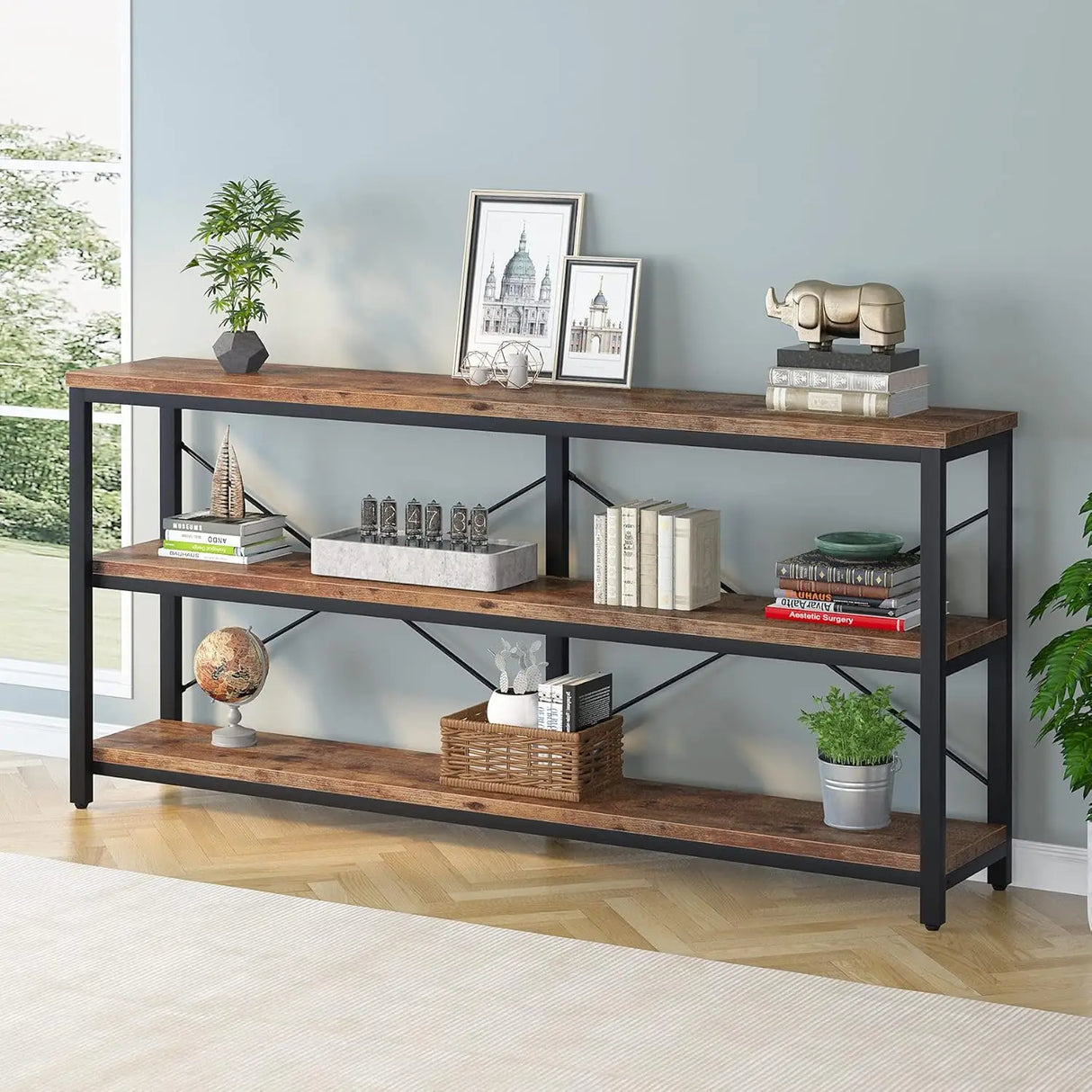 Long low shelf with three open tiers for hallway storage